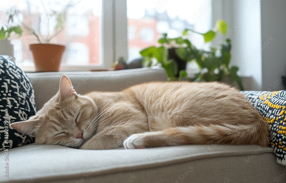 Poster charming orange tabby cat embracing a peaceful nap on a comfy couch surrounded by natural light : ge