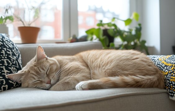 Charming orange tabby cat embracing a peaceful nap on a comfy couch surrounded by natural light : Generative AI
