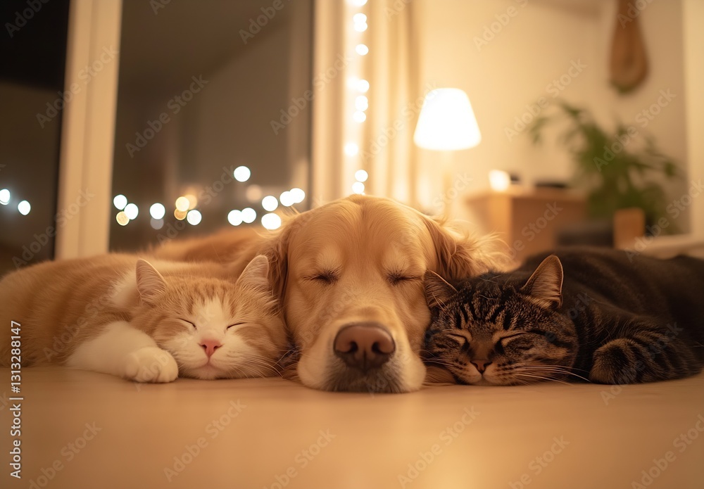 Poster three furry friends including a golden retriever and two playful cats snuggled up for a nap : genera