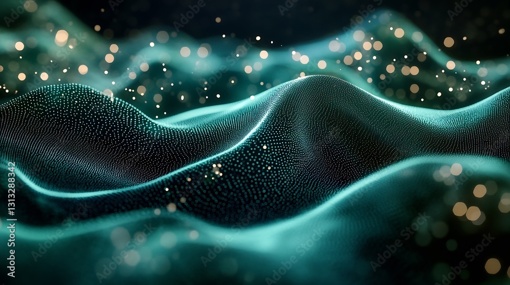 Poster mystical turquoise and golden waves flowing in a dreamy abstract landscape : generative ai