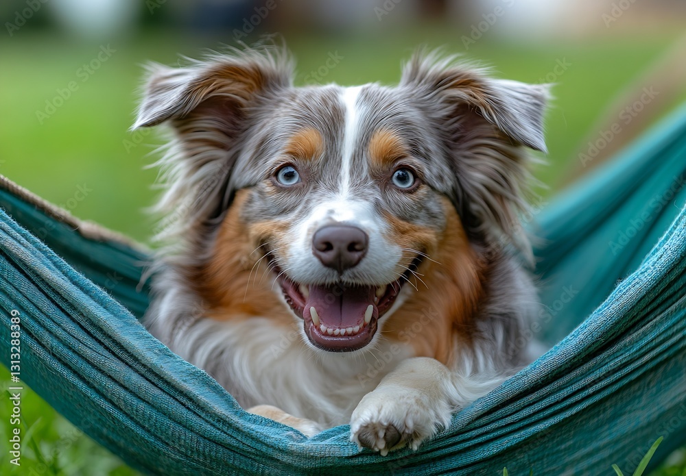 Poster Happy Australian Shepherd Relaxing in a Hammock with a Big Smile on a Sunny Day : Generative AI