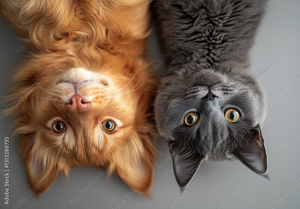 Poster Charming golden retriever and playful grey cat lying upside down with unique perspective and expressions : Generative AI