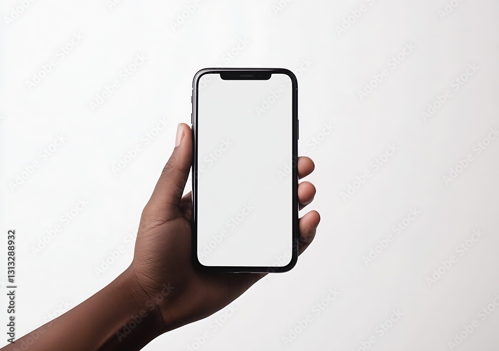 Poster person holding a modern smartphone with blank screen against a minimalist white background : generat