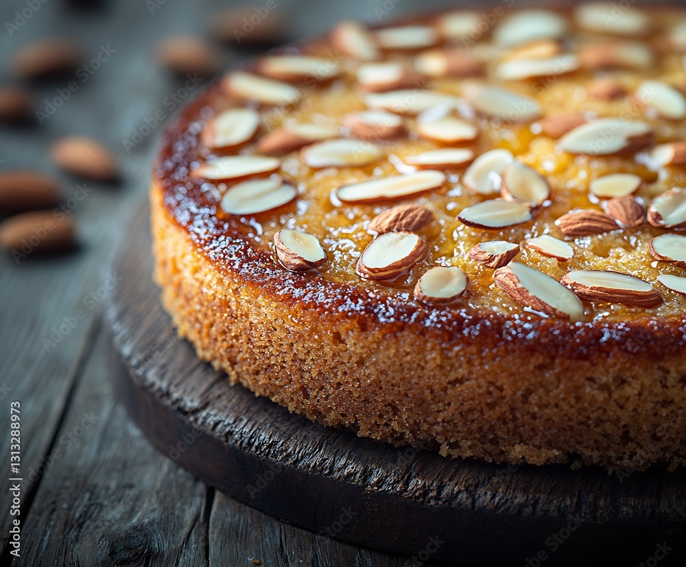 Poster delicious almond cake with a golden crust and sliced almonds on top placed on a rustic wooden table 