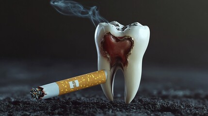 Smoking cigarette transforming into a decaying tooth surreal concept symbolic artwork anti smoking awareness