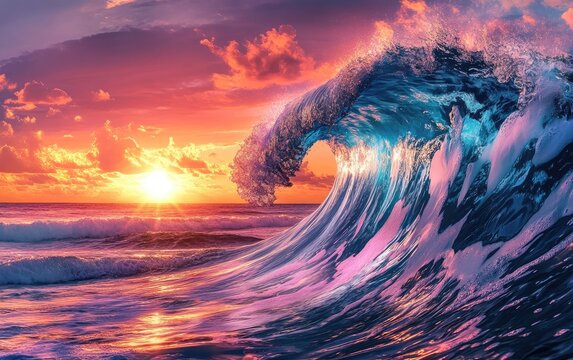 Epic sunset wave, vibrant colors, ocean sunrise