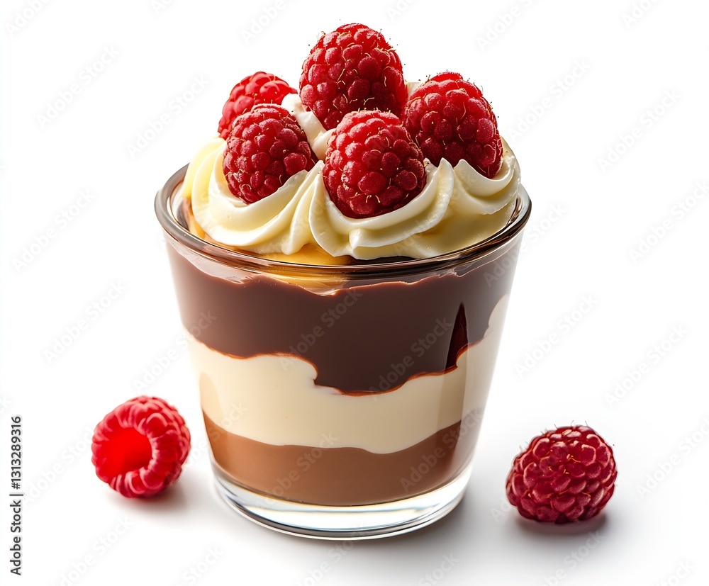 Poster delicious raspberry dessert with layers of chocolate cream and whipped topping in glass cup : genera