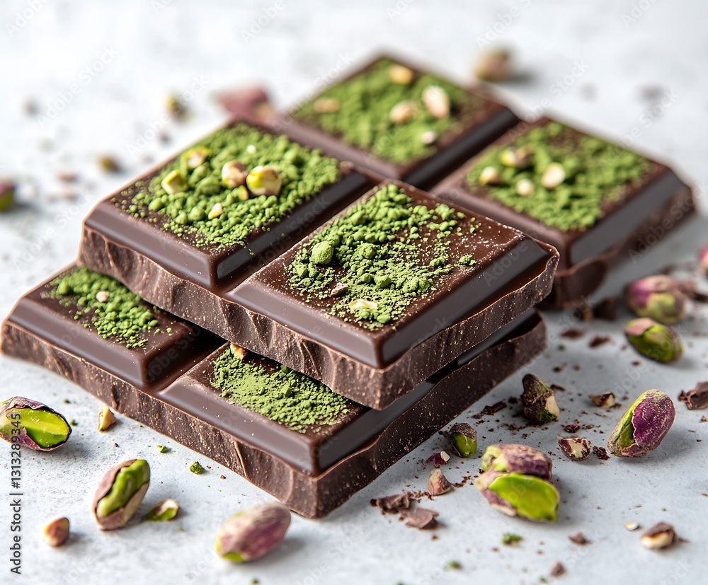 Poster chocolate bars topped with matcha and nuts on a light gray background : generative ai