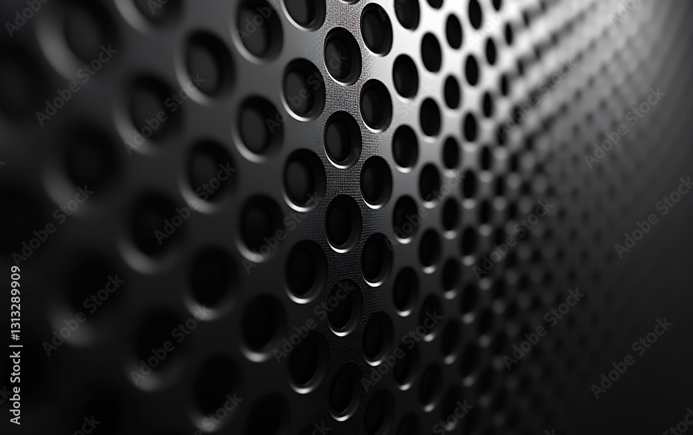 Poster Detailed view of a perforated metallic surface highlighting a series of round holes creating an intriguing design effect : Generative AI