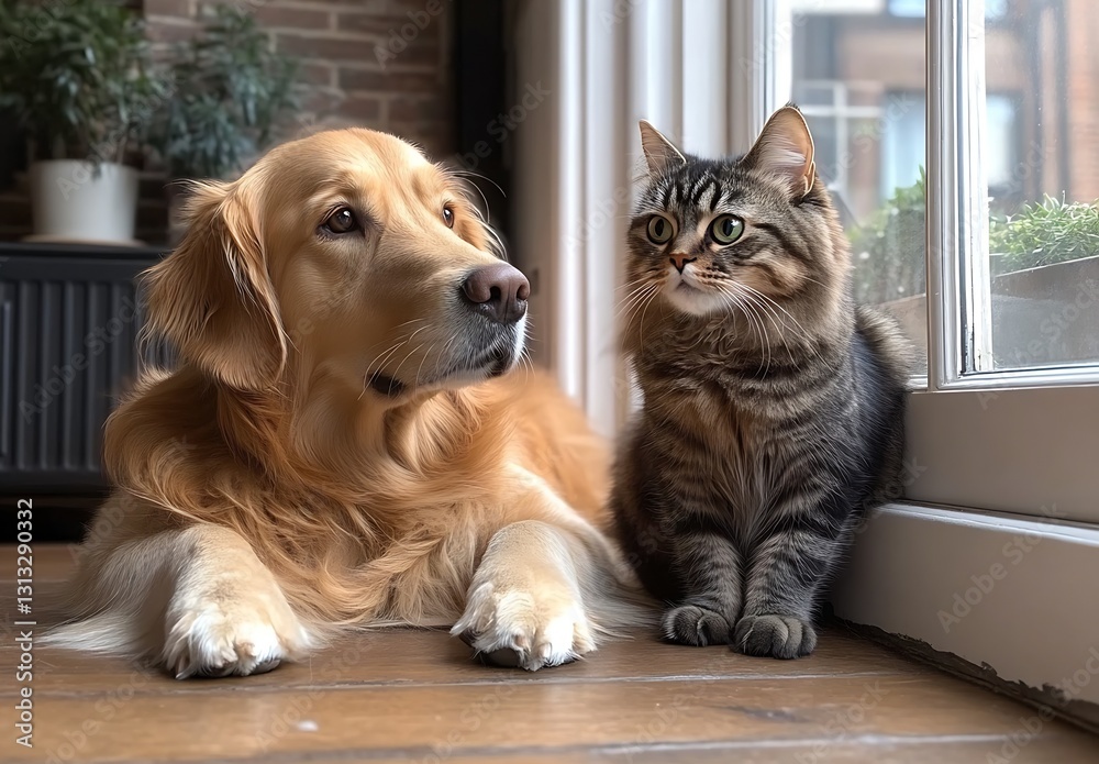 Aufkleber Cuddly golden retriever and tabby cat enjoying a serene moment by the window with soft light illuminating the room : Generative AI