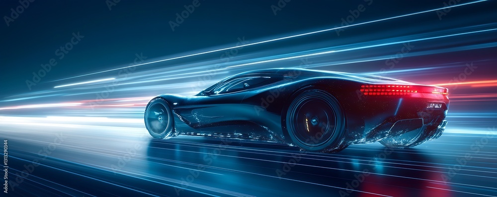 Fototapete Sleek modern car speeding through a neon illuminated road creating a sense of motion and speed : Generative AI
