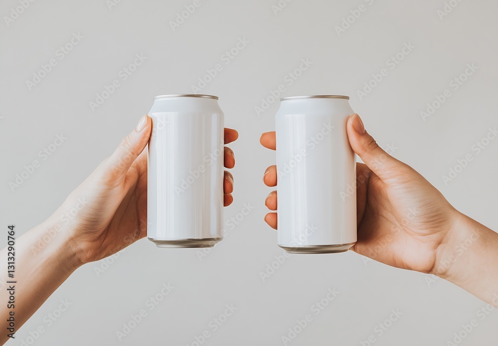 Aufkleber two hands holding blank white beverage cans against a light background for a minimalist design conce