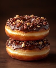 Delicious stacked donuts topped with chocolate and crunchy nuts for a sweet dessert experience : Generative AI