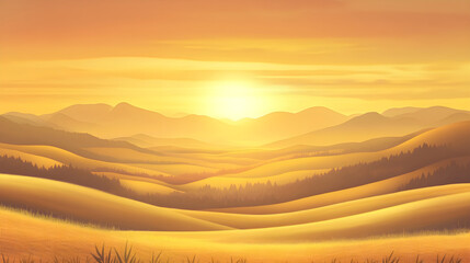 Golden sunrise background with warm glowing light casting over rolling hills and misty valleys