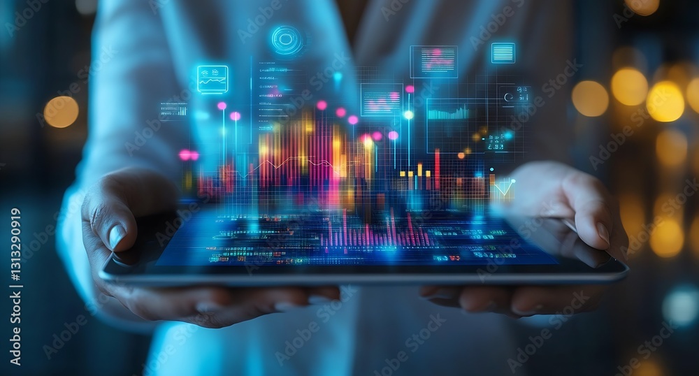 Poster A person holding a tablet displaying futuristic data visualization illustrating business analytics and trends : Generative AI