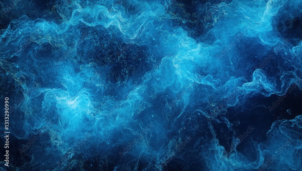 Poster abstract blue swirling patterns with luminous elements creating a mesmerizing visual effect suitable