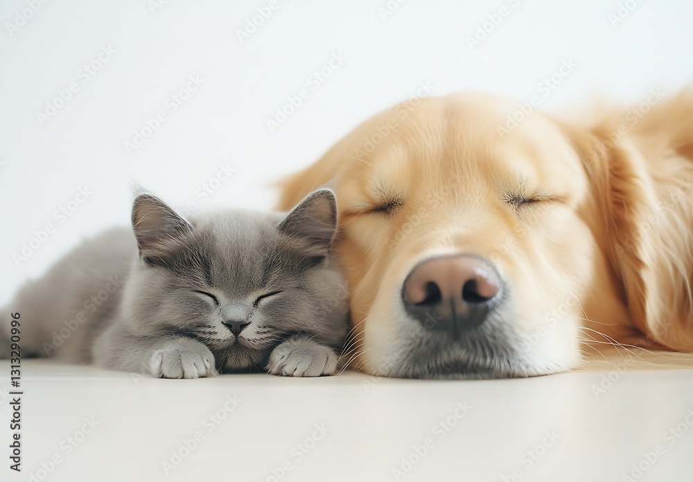 Poster a peaceful scene of a sleeping golden retriever and kitten resting together in a cozy environment : 