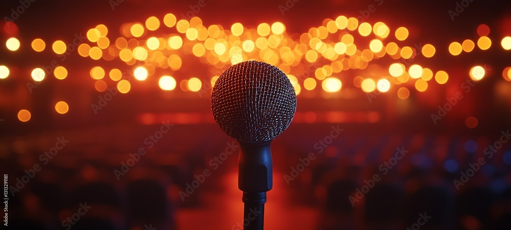 Poster Closeup view of a textured microphone on stage with warm bokeh lights creating a dramatic atmosphere : Generative AI