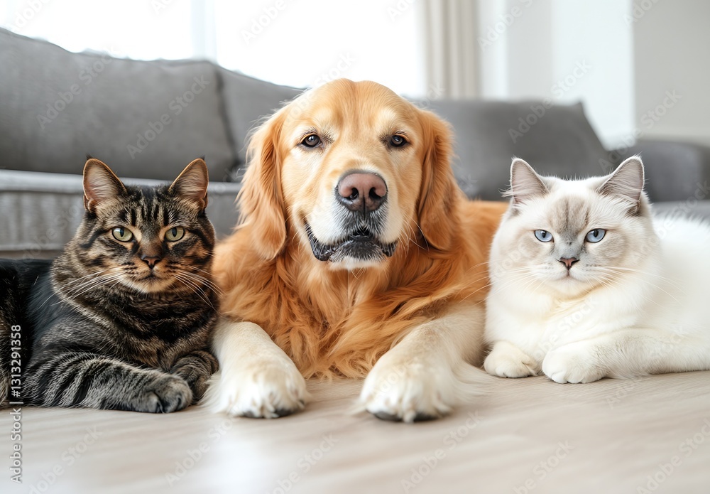 Poster Golden retriever with two distinct cats relaxing peacefully on a stylish floor in a warm space : Generative AI