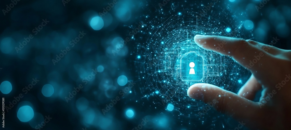 Fototapete Hand Interacting with Digital Lock Symbol Representing Cybersecurity and Data Protection : Generative AI