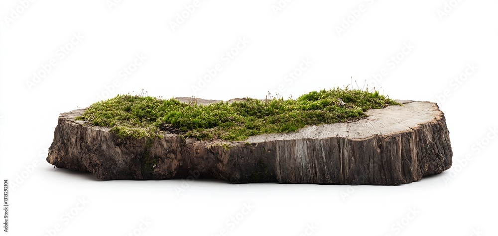 Poster A scenic view of a weathered tree stump adorned with moss and greenery in serene surroundings : Generative AI
