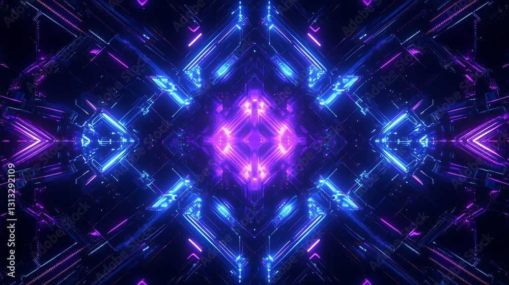 Leinwandbilder Futuristic Neon Abstract Design with Bright Purple and Blue Lights in a Geometric Pattern : Generative AI