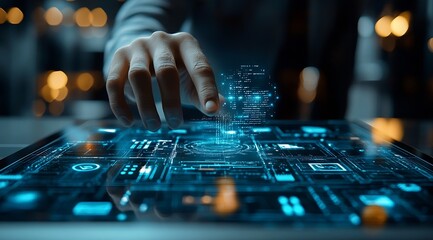 Focused hand using a tablet with intricate data and graphs in a softly lit modern work environment : Generative AI