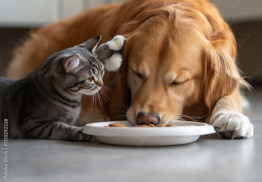 Poster Cat Playfully Pawing at Golden Retriever While Enjoying a Shared Meal : Generative AI