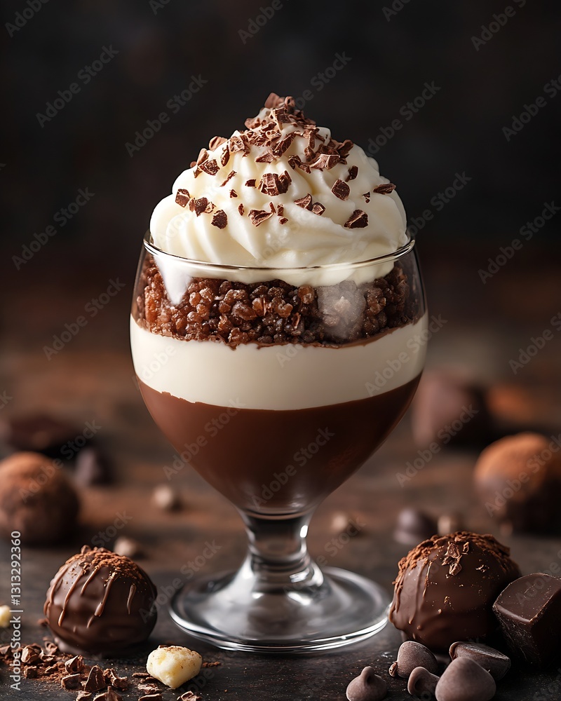 Poster delectable chocolate dessert layered with cream and chocolate shavings garnished with truffles on da