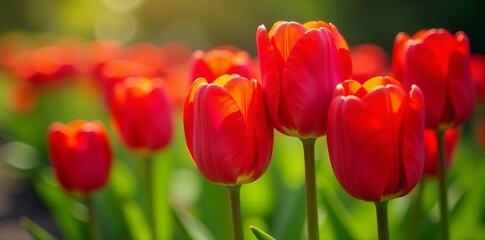 Fototapeta premium Close-up of vibrant red tulips blooming in the garden, garden, nature, red
