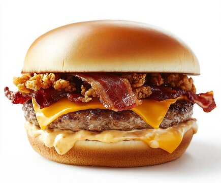 Savory stacked burger with bacon cheese and crispy topping in a classic bun : Generative AI