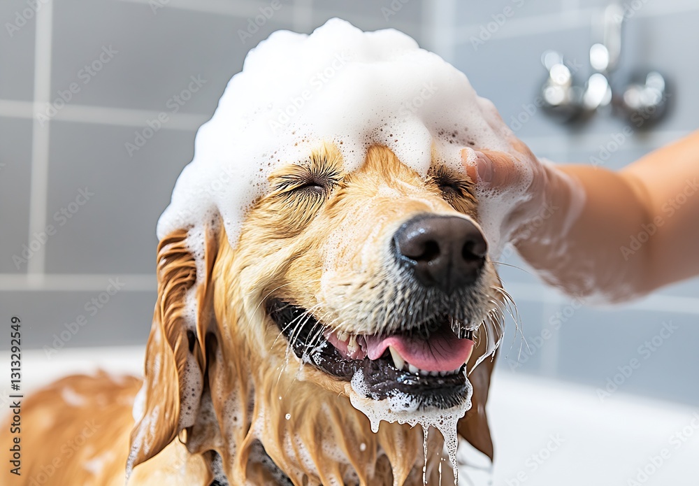 Poster golden retriever dog enjoying a relaxing bath with soap bubbles covering its head and face : generat