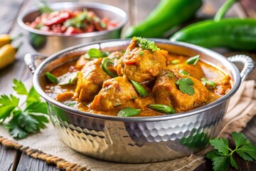 Macro Photo: Indian Chicken Curry in Silver Foil Container with Cilantro and Chilies