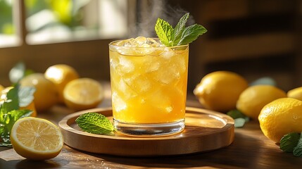 Fototapeta premium Refreshing iced lemonade drink served on a wooden tray with fresh lemons and mint leaves for a summer vibe : Generative AI