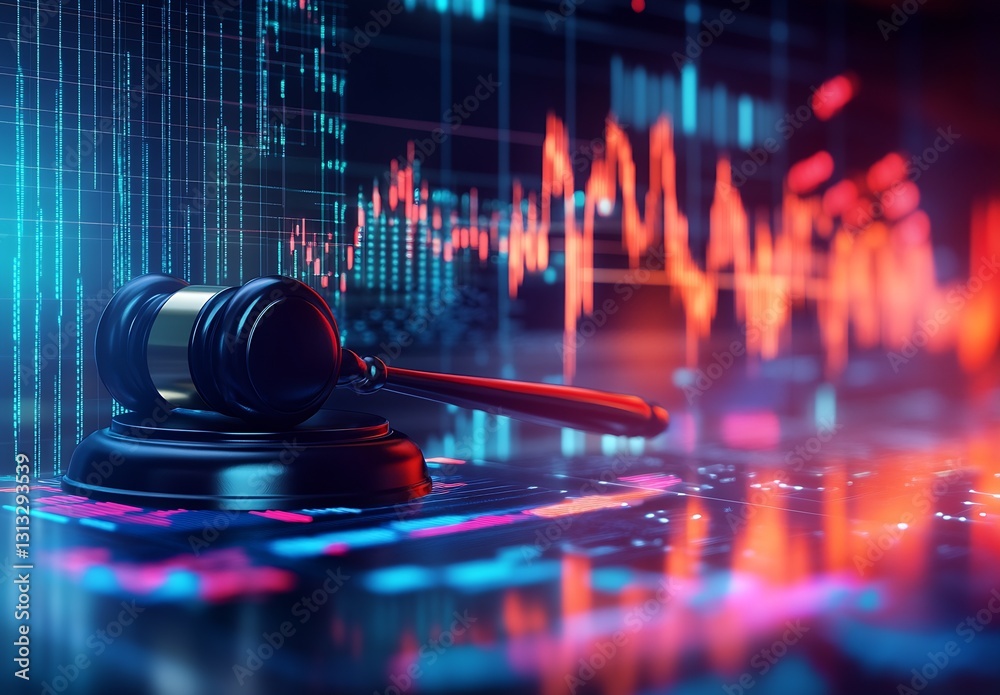 Poster Gavel positioned on desk with dynamic finance graphs and data visuals representing legal financial analysis : Generative AI