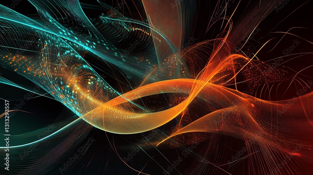 Poster energetic colorful abstract waves with bright orange and blue hues on a dark canvas : generative ai