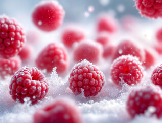 Frozen raspberries floating in midair with icy mist surrounding them.