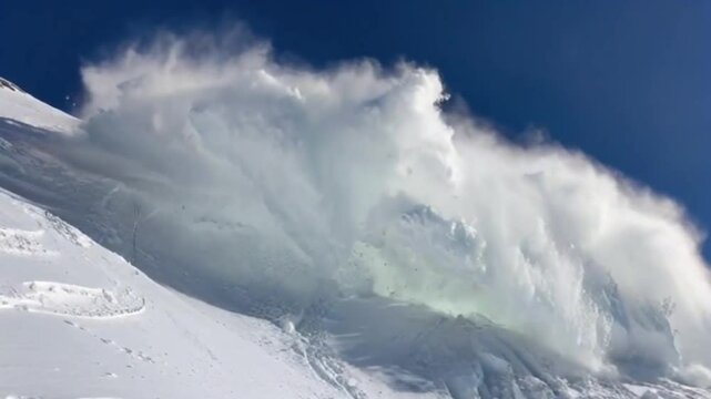 A massive white snow avalanche cascades down a steep mountainside.
Billowing powder clouds rise against a pristine blue sky in bright sunlight.
A breathtaking display of nature's raw power and unstopp