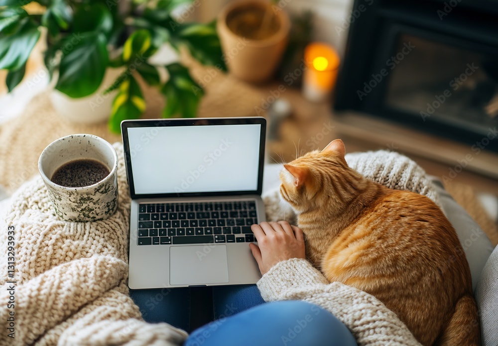 Poster Cozy Home Workspace with Laptop and Cat on Lap Perfect for Remote Work and Relaxation : Generative AI