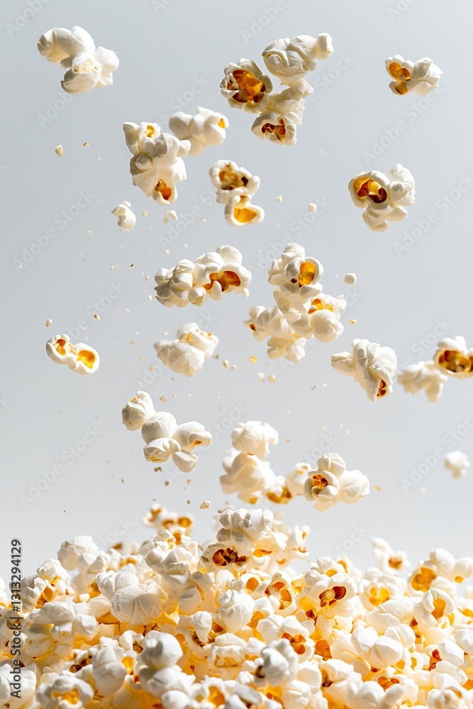 Poster Highenergy shot of flying popcorn kernels creating a fun and captivating food display : Generative AI