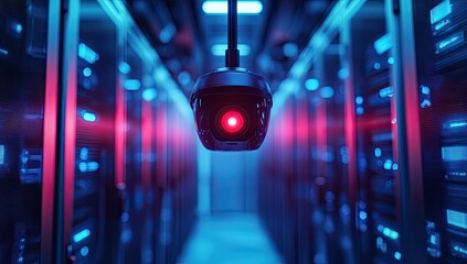 Security camera in server room,  neon lights,  data center