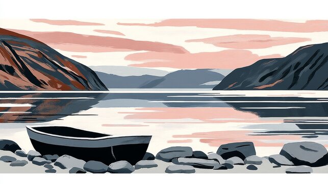 Pixelated tranquility a serene lakeside retreat featuring mountains boat and pastel sky evoking peace and nostalgia through low resolution art