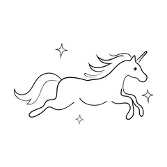 Magical Unicorn Galloping, Stars, Outline, Fantasy, Line Art, Drawing