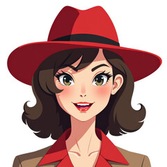 A stylish woman with short brown hair and large expressive eyes is wearing a red fedora hat and a red shirt. She has a confident and cheerful expression on her face.