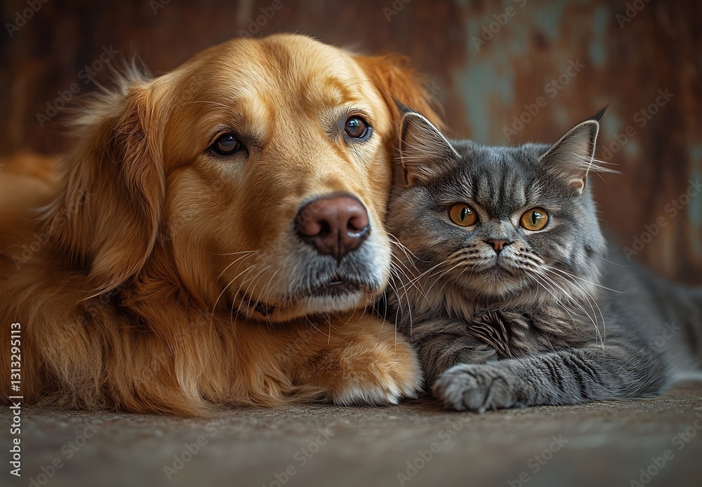 Poster Golden Retriever and Persian Cat Snuggling Together on a Rustic Background : Generative AI
