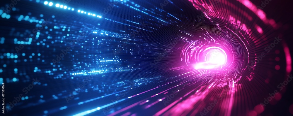 Poster Stunning visual of luminous light traveling through a dynamic digital tunnel in a hightech environment : Generative AI
