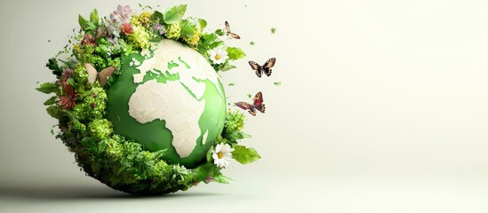 A vibrant globe adorned with greenery and butterflies, symbolizing environmental beauty and harmony.,Earth day concept, World environment day, protect planet