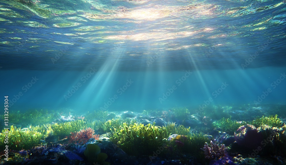Poster vibrant underwater landscape showing colorful coral reefs and radiant beams of sunlight illuminating