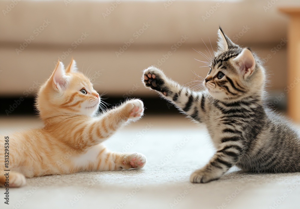 Poster two lively kittens joyfully playing together and posing for an adorable closeup indoors : generative