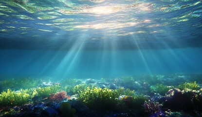 Fototapeta premium Vibrant underwater landscape showing colorful coral reefs and radiant beams of sunlight illuminating the ocean floor : Generative AI